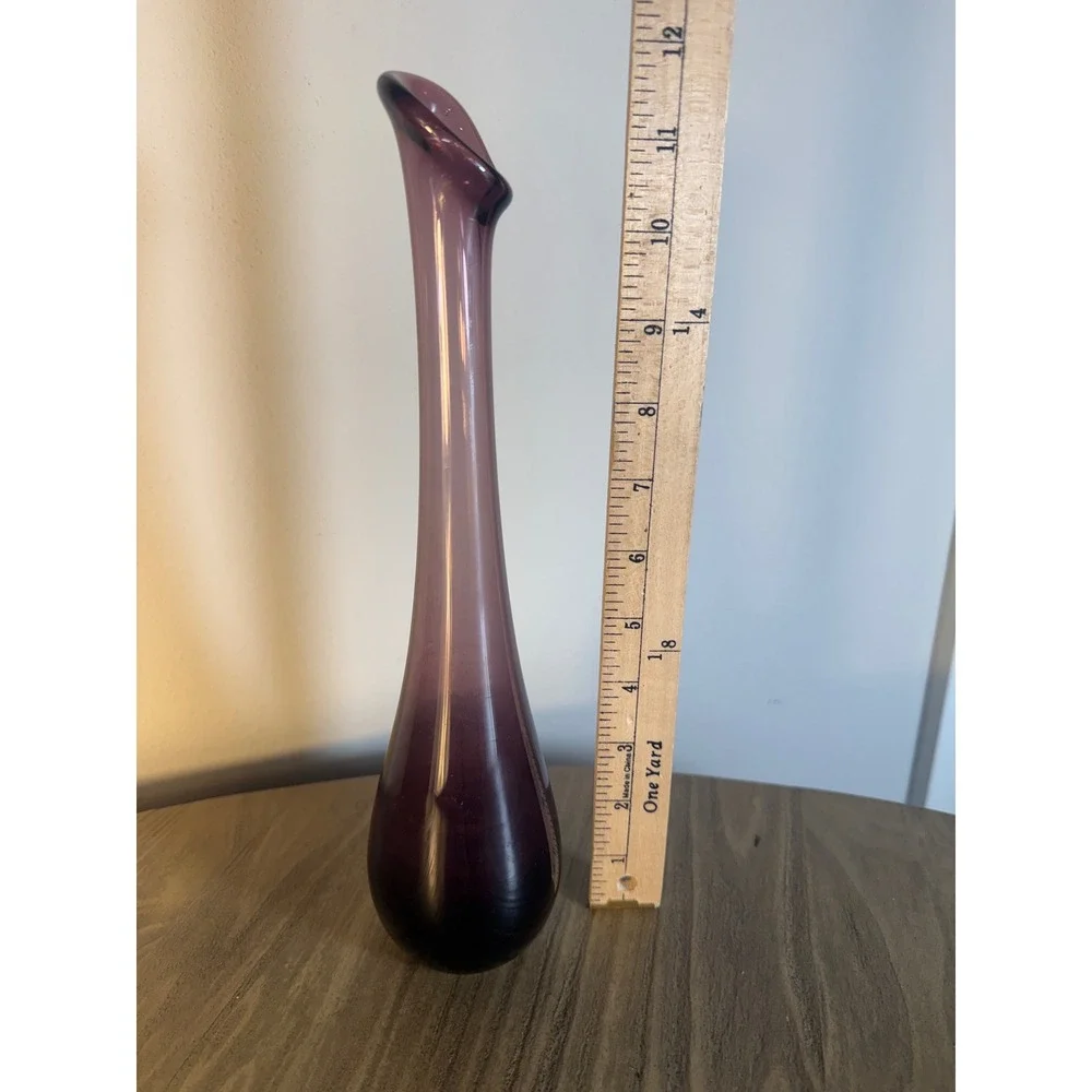 Vintage Mid Century Modern Amethyst Purple Swung Glass Bud Vase 11.25